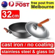 Cast Iron Wok With Lid Non Stick Flat Bottom Cookware Frypan Fry Pan Induction