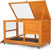 Wooden 36Inches Rabbit Hutch Indoor with Wheels Bunny Cage Outdoor Durable Wide Space Rabbit Cage with Tray, Openable Roof, Anti-Slip Ramp for Small Bunny Rabbit (Orange)