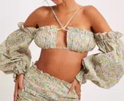 FOR LOVE & LEMONS RALEIGH Green Floral Crop Top Puff Sleeves Sz. XL NWT!