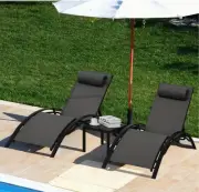 3-Piece Patio Chaise Lounge Chair Set Pillows & Side Table