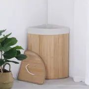 Space Saver Corner Folding Bamboo Lid Laundry Hamper Washing Basket Bin