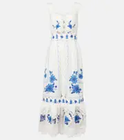 [Farm Rio] Farm Rio Embroidered linen-blend midi dress AU 6 white