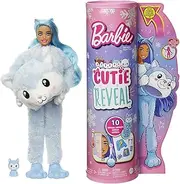 Barbie Cutie Reveal Doll, Snowflake Sparkle Series Husky Plush Costume, 10 Surprises Including Mini Pet & Color Change