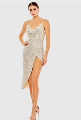 Mac Duggal #11287 Size 10 Nude Silver Sequined Cowl Neck Faux Wrap Dress