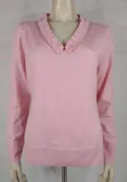 Brooks Brothers pink 100% Merino Wool ruffled V-Neck pullover sweater Large