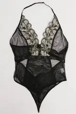 Black Embroidery Mesh Bodysuit Lingerie