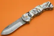 Damascus steel Folding Pocket Knife Lot Risen Wood Handle With Leather Sheath