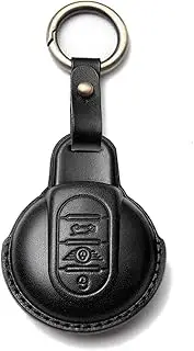 ontto Key Fob Cover Fit for Mini Cooper F54 Clubman F55 F56 F57 F60 Countryman 3 Buttons Vegetable Tanned Leather Key Case Keychain Keyring Keyless Accessories Black