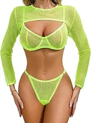 [SEXYTINE] Women's Sexy Lingerie Set Fishnet Sheer Mesh Long Sleeve Crop Top with Bra and G-string 3 Piece Outfits