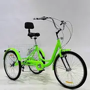 Three Wheel Bike, 24in Adult Tricycle 3 Wheel 7 Speed Three Wheel Cruiser Bike with Shopping Basket & Seat Backrest Basket Cycling Pedalling