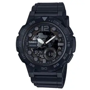 【CASIO】10年電力世界地圖設計概念雙顯錶-黑x銀刻度(AEQ-100W-1B)正版宏崑公司貨