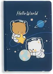 Milkmochabear Hello World Dot Grid Notebook in Navy Authentic Merchandise 5.75" x 8.25" x 0.6" Inches 100 Double-Sided Pages Hardcover with Band Ribbon Bookmark and Inside Pocket Cute Adorable