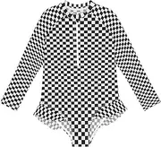 [Joitme] Checkerboard Black Girls One Piece Swimsuits, Zipper Front One Piece Swimsuit, UV Protection, Girls Swimsuit Size 3, Checkerboard Black, 11-12 Years