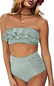 [Saodimallsu] Women High Waisted Two Piece Bikini Set Bandeau Ruffle Simsuit Top Striped Bathing Suits