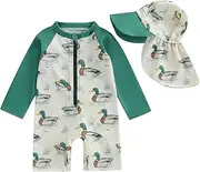 [Engofs] Toddler Baby Boy Girl Swimsuit One Piece Rash Guard Bathing Suit Beach Swimwear with Hat, A10 Green Duck, 18-24 Months