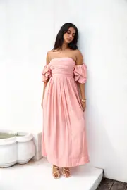 High Tea Off Shoulder Maxi Dress Pink