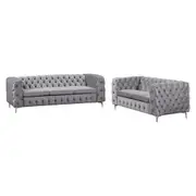 3+2 Seater Sofa Classic Button Tufted Lounge in Grey Velvet Fabric with Metal Legs