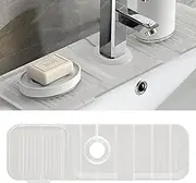 Kitchen Sink Splash Guard 17.7"X5.5", Toovem Faucet Handle Drip Catcher Tray, Longer Silicone Sink Faucet Mat, Dish Soap Sponge Holder for Kitchen, Bathroom, Farmhouse, Bar & Rv, Translucent