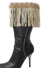 Women Western Beige Boot Topper Cover Faux Suede Leather Long Fringe Winter Pair