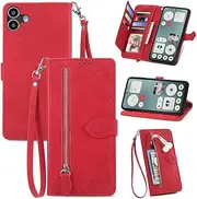 Lanyard Anti-Fall Solid Color Phone Cover Compatible with Nothing CMF Phone 1 (2a) NothingPhone2a A142 Shell Flip Cover Wallet Clip Card Slots Phone Case (Red,Nothing CMF Phone 1)