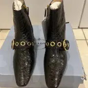 PRADA CALZATURE DONNA BLACK LEATHER POINTED TOE ANKLE STRAP BOOTS SIZE 37