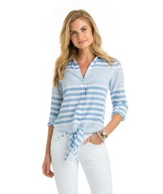 $98! Vineyard Vines Tie Front Stripe Linen Button Down Shirt Size 6 Medium NWT