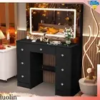 Dressing Table Set Large Makeup Mirror with LED Strip Lighted Vanity Desk Black