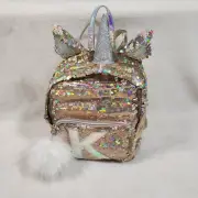 NWT Justice Gold Flip Sequin & Leather Unicorn Mini Backpack Purse, Initial K