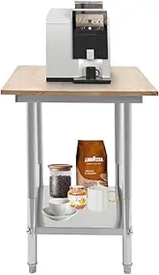 Pinkelin Wood Kitchen Island with Storage, Stainless Steel Prep Table with Adjustable Feet, Solid Hardwood Top Kitchen Island for Commercial Kitchen Restaurant, 24'' x 24'' x 35'', 110LBS Load