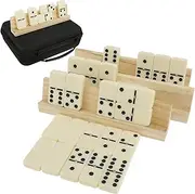 Dominos Set for Adults Dominoes Set with 4 Wood Racks Funny Domino Game Set with 28 Colored Dominos and EVA Case Portable Dominoes Travel Set Dominos Set Double 6 Dominoes Set for Family Board Games