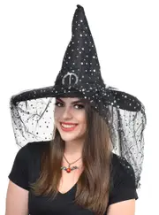 Holographic Dot Witch Hat with Buckle and Veil