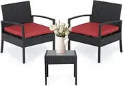 [Athena Collection] Patio Furniture Set PE Rattan Conversation Set of 3 Outdoor Bistro Table and Chairs Set with Seat Cushion for Garden, Front Porch, Backyard, Red