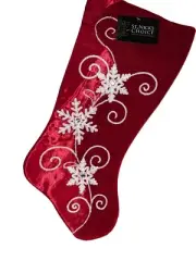 St. Nick’s Choice Red Velour & Satin Christmas Stocking Embroidered Snowflakes