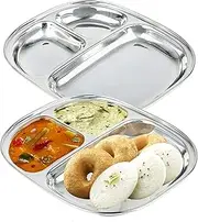WG inc Stainless Steel Compartment Plates 3 in 1 Divided Oval Dinner Plates Indian Thali Breakfast Lunch Platter, Mess Tray for Adults, Kids - Outdoor, Camping (Large, 2 Pack)
