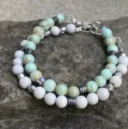 Beaded Bracelet set of 2 White feldspar and Teal Agate 6mm Gemstone Bracelet
