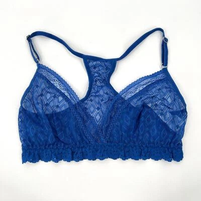 HANKY PANKY Geo Mesh lace Racerback Bralette Womens XS Blue Bra Sheer Sexy NEW