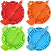 4 Pack Silicone Pet Can Covers, Pet Food Can Cover Silicone Can Lids, with 4 Spoons, Dog & Cat Food Can Lid Cover (Red, Orange,Blue, Green, One size)