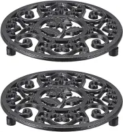 2 Pcs Trivet Cast Iron Tea Pot，Trivet Mat Coaster with Rubber Pegs ，Heavy Duty H