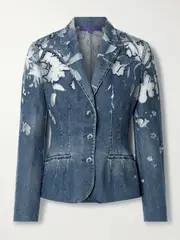[Ralph Lauren Collection] Ralph Lauren Collection - Holt Tulle-trimmed Embellished Cutout Denim Blazer - Blue - US12 US 12 Blue