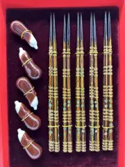 Yunhong Good Luck Chopsticks 5 Pair w/ Rests Red Gift Box