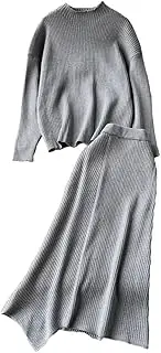 [Generic] Women's Basic Loose 2Pcs Sets Women's Long Sleeved Knitted Pullover High Waist Slim Irregular Knitted Skirt Sets
