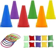 6 Throwing Buckets+10 Circles+10 Beanbags+1 Storage Bag,Colorful Happy Circle Game,Soft Plastic Cones Bean Bags Ring Toss Games for Kids Birthday Party Outdoor Games Supplies(Random Color)