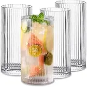 INSETLAN Glass Cups Vintage Glassware Set of 4 Large, Origami Style Transparent Cocktail Glasses Set, Bar Beverages Ice Coffee Cup Juice Ripple Drinkware, 370ml (L)