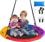 Saucer Tree Swing 100CM, Outdoor Round Hanging Flying Saucer, Multi-Color Hammock Platform Swing Chair, w/Adjustable Hanging Rope, Pillow & Handles, Kids Swing Mat for Backyard, Playground, Yard