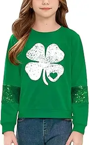 [IIMMER] Girls St.Patrick's Shamrock Irish Print Shirt Sequin Sleeves Sweatshirt 4-12 Years