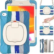 iPad Mini 5 Case & iPad Mini 4 Case;Protective Rugged Case with Pencil Holder, 360° Swivel Stand/Handle Grip/Shoulder Strap for Kids, Boys, Girls (Rainbow Blue)