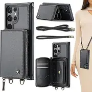 [ELEPIK] for Galaxy S22 Ultra Case, S22 Ultra Wallet Case with Card Holder, Detachable & Adjustable Crossbody Strap, Durable PU Leather Wallet Phone Case for Samsung Galaxy S22 Ultra, Fashion Black