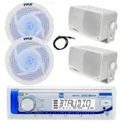 Marine Bluetooth Radio, 2x 4" 100W LED + 2x 3.5'' 200W Speakers (White), Antenna