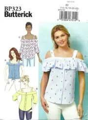 Butterick BP323 Button Front Bardot Top Tie, Ruffle Option Sz 14-22 UNCUT B6562