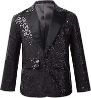 [Lejafay] Boys Shiny Sequin Blazer Jacket One Button Wedding Banquet Suit Coat Party Performance Costume